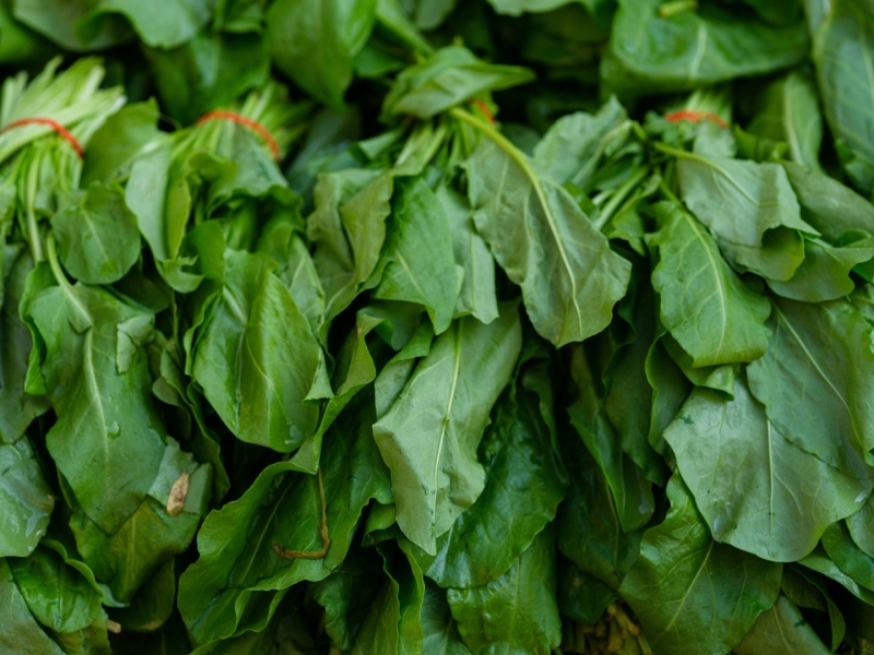 Seasonal produce - fresh spinach for sale at the farmers market in May