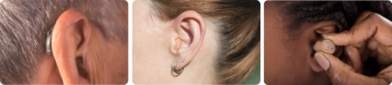 3 images of hearing aids on ears