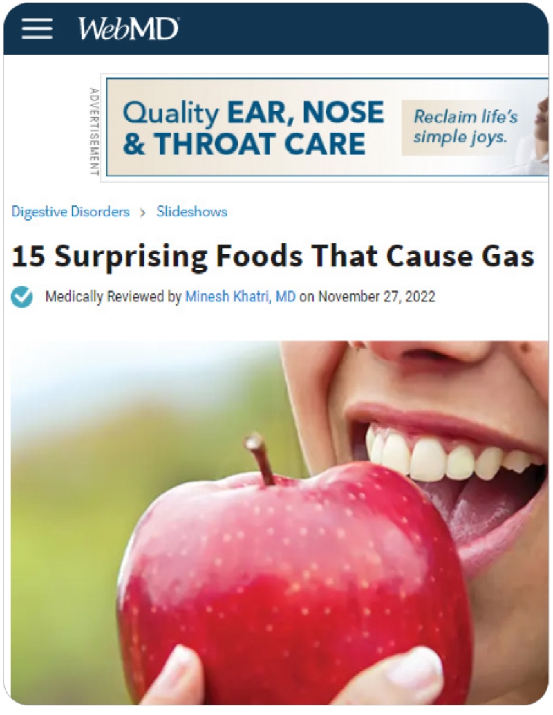 screen shot of WebMD headline that says, "15 Surprising foods that Cause Gas"