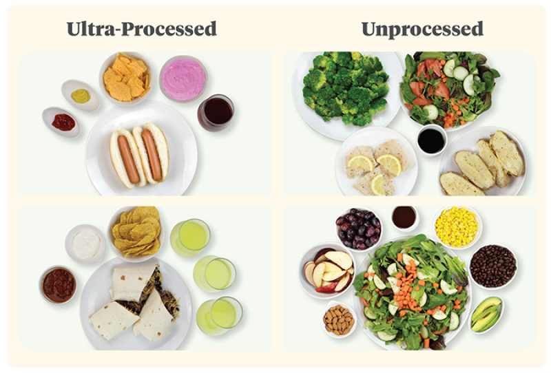two photos of ultra-processed foods and 2 photos of unprocessed foods