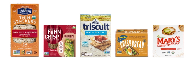 lined up boxes of Lundberg, Finn Crisp, Triscuit, Wasa Crispbread, Mary's Gone Crackers