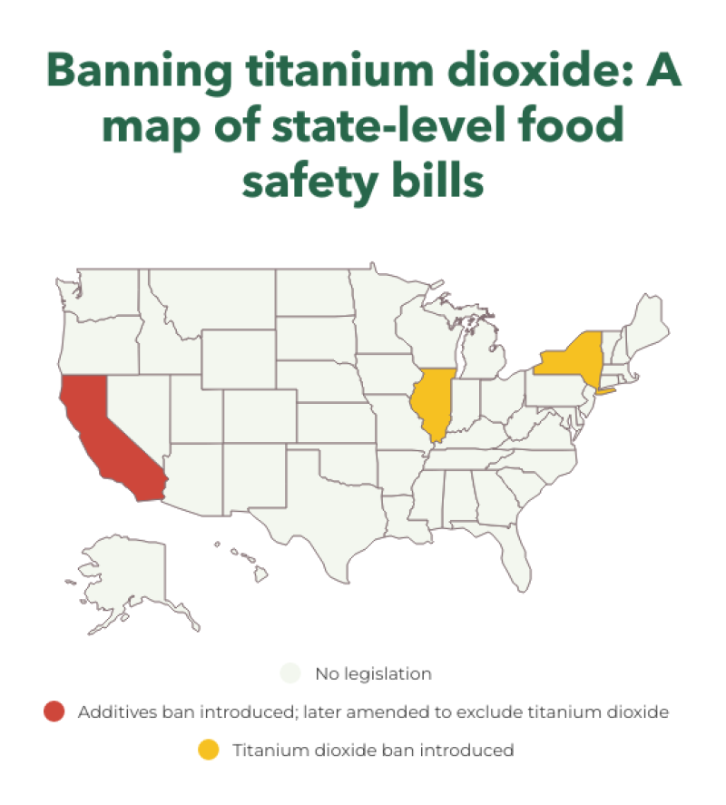 Map of states that have introduced legislation banning the food color additive titanium dioxide, with color-coding based on the status of the legislation