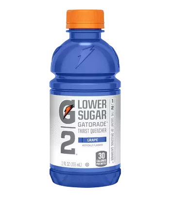 A 12-ounce container of Gatorade G2 Lower Sugar Thirst Quencher (Grape)
