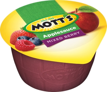 A single-serving container of Mott's Mixed Berry Flavored Applesauce