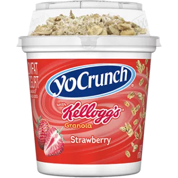 A  single-serving 6-ounce container of YoCrunch Lowfat Yogurt Strawberry with Kellogg’s Granola