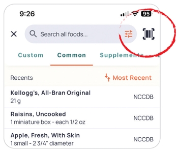 screenshot of cronometer's in app search tool with a red circle around the barcode symbol