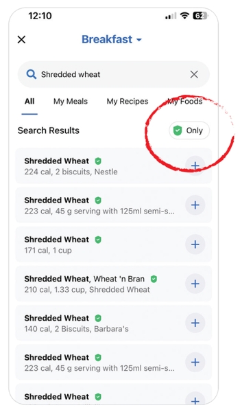 screen shot of MyFitnessPal app with a circle around the check "only" option