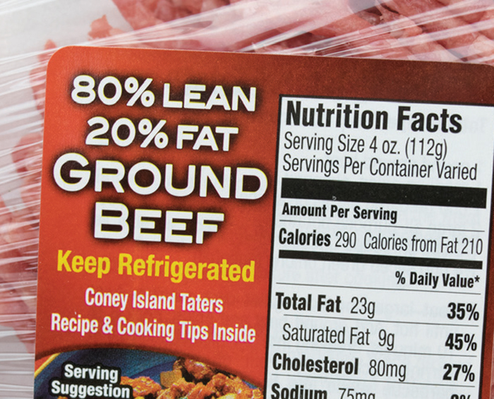 package of ground beef with "80% lean" and "20% fat"