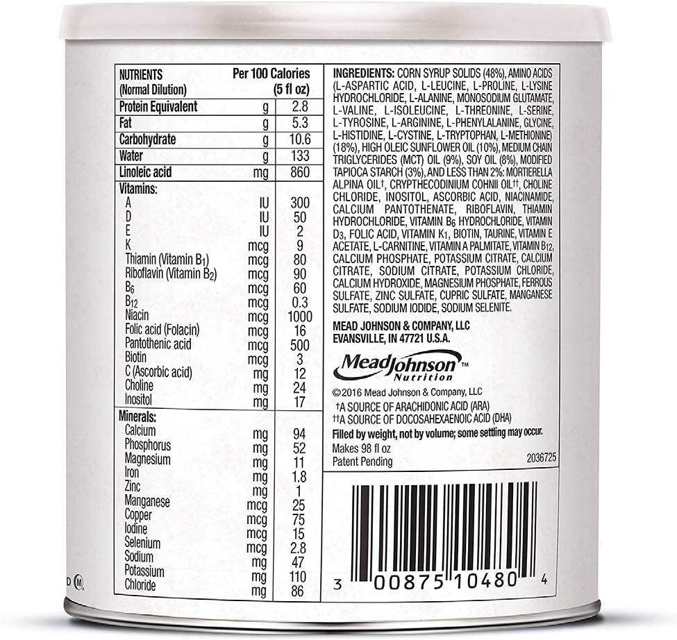 The nutrition facts panel on Puramino-brand transition formula, in formula-specific format