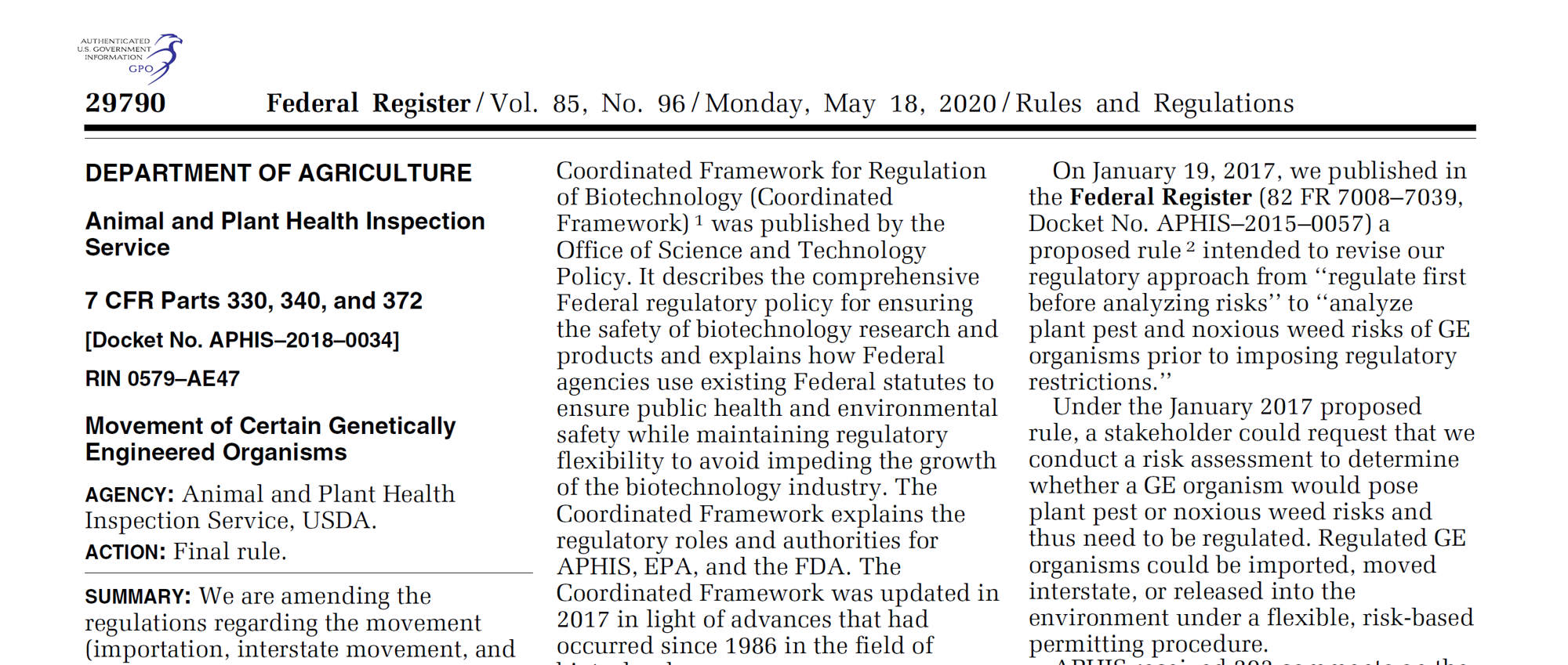 A screenshot of the page in the Federal Register detailing USDA's final rule