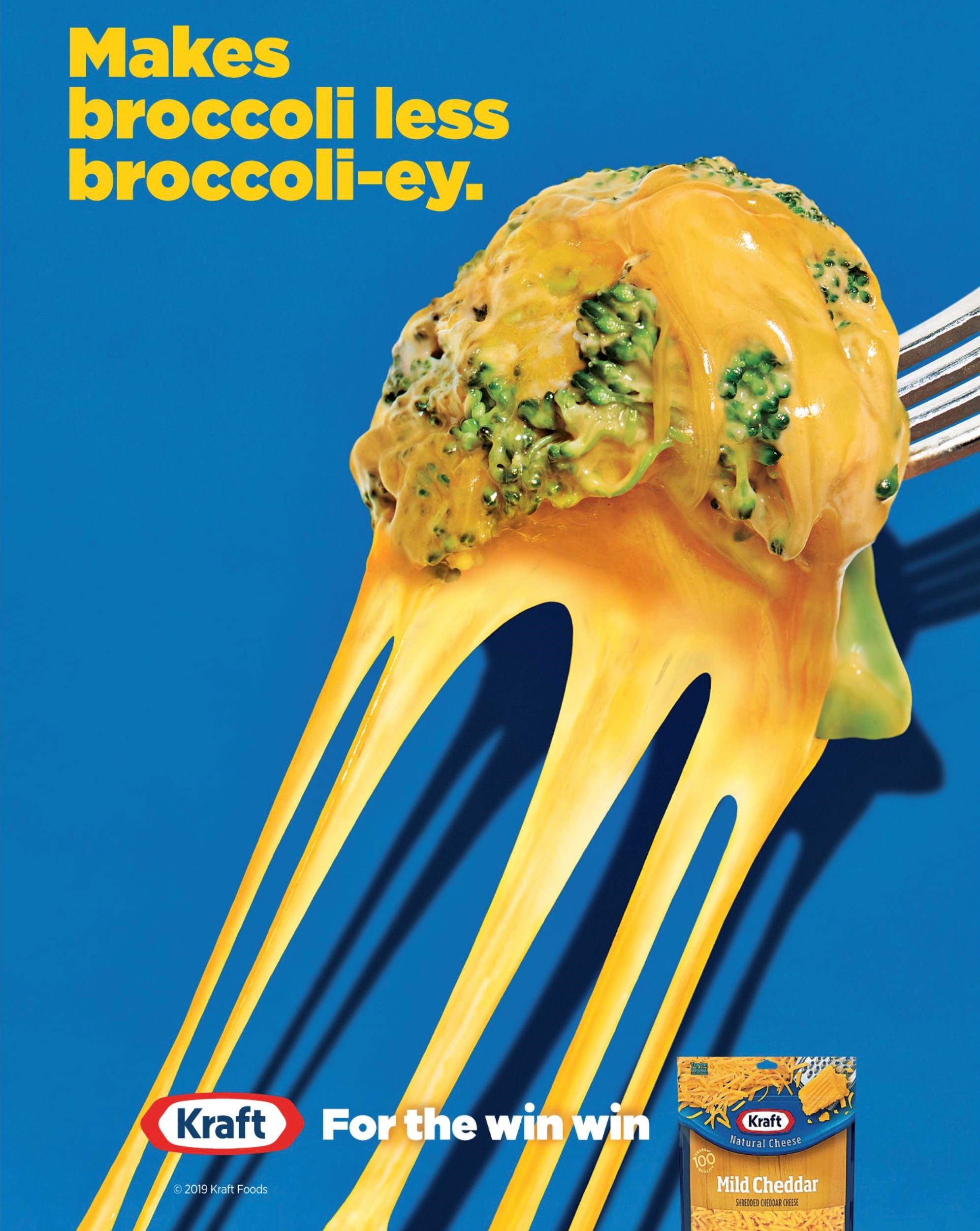 A print ad for Kraft shredded cheese. It features a floret of broccoli covered in melted cheese with the words 