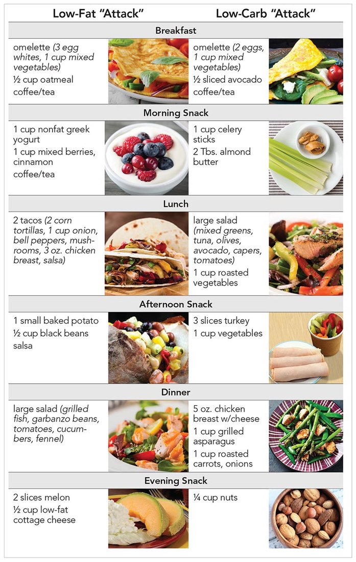 Sample one-day eating plans for the “Attack” stage of the DIETFITS study.