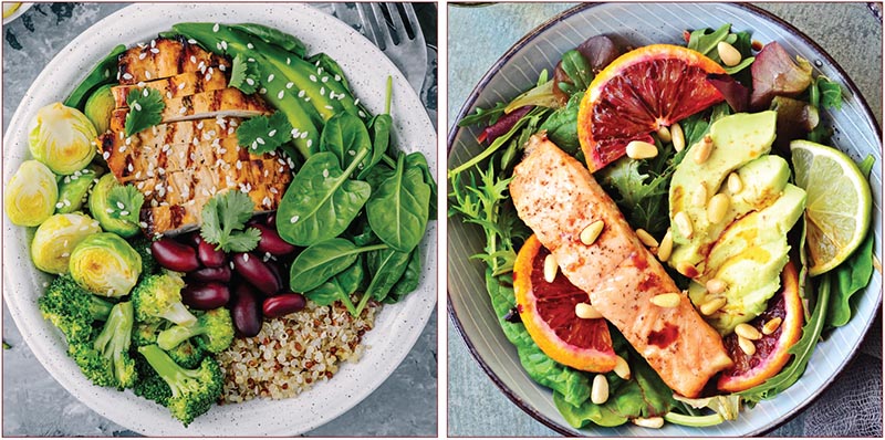 The healthy low-fat chicken dinner (left) has whole grains and beans. The healthy low-carb dinner uses those calories for extra fat in the salmon, nuts, and avocado.