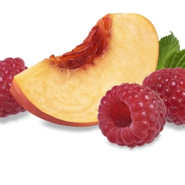 peach slice and raspberries on white background
