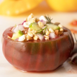 tomato stuffed with farro and cucumber