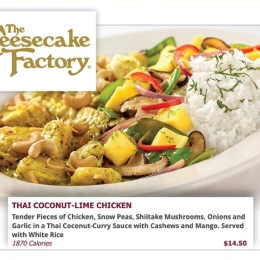 image of a menu item with calories listed at The Cheesecake Factory