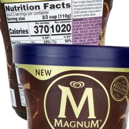 tub of magnum ice cream and nutrition facts label