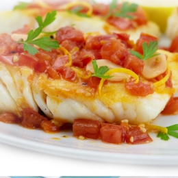 halibut with tomato sauce on plate