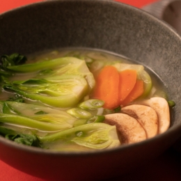 miso soup with bok choy, mushrooms, and carrots