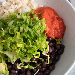 beans and rice with roasted cherry tomato salsa