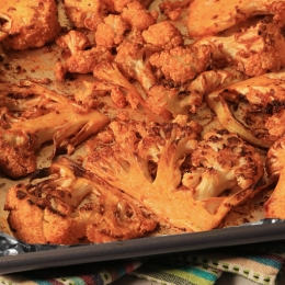 metal pan with sliced and roasted cauliflower