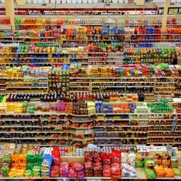 Supermarket aerial shot showing aisle after aisle of pre-packaged foods