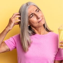 Older woman scratching her head and holding a yellow shake