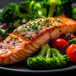 plate of cooked salmon and vegetables