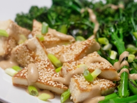 crispy tofu and pan roasted broccolini with miso lemon sauce