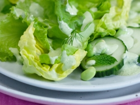 edamame and herb salad with creamy lemongrass ginger dressing