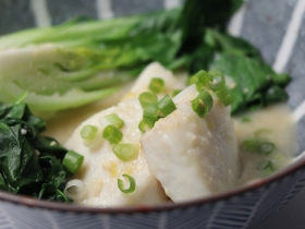 white fish poached in miso broth