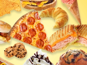 collage of junk food, including pizza, cookies, chips, and ice cream