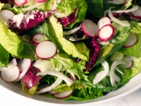 close up on bowl of salad with mixed greens and radish slices