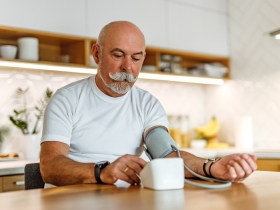 Man taking his blood pressure in the kitchen