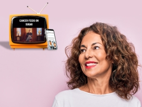 pink background with woman looking towards a tv and phone with diet ads on them