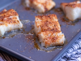 roasted white fish on a sheet pan