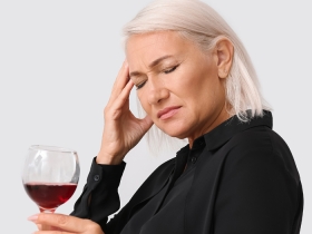 woman holding her head and a glass of red wine