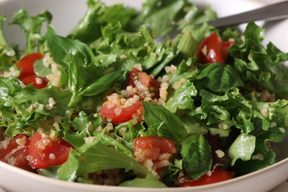 sliced tomato and cooked bulgur over leaf lettuce
