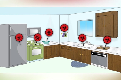 a kitchen with biohazard symbols