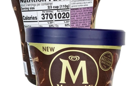 tub of magnum ice cream and nutrition facts label