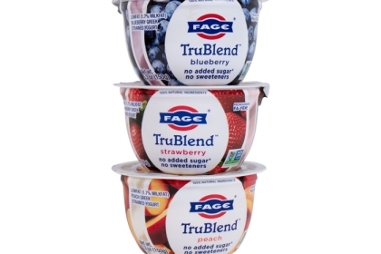 stack of tubs of Fage TruBlend yogurt
