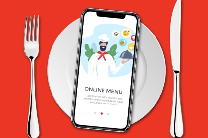 table setting with smartphone showing an online ordering app