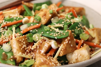 ginger sesame tofu and snap peas