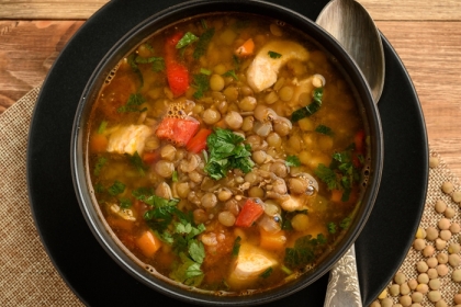 bowl of lentil chicken soup