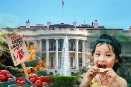 Composite of the White House, a child eating, and a produce stand