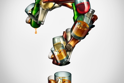 Graphic rendering of a question mark composed of liquor bottles and alcoholic drinks.