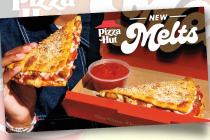 Pizza Hut Pizza melts ad with a box, 2 pizza melts and dipping sauce