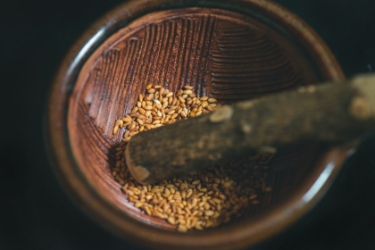 Sesame seeds in grinding bowl