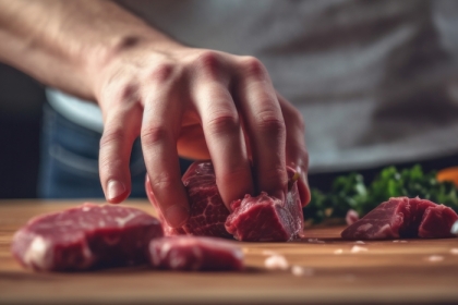 hands and a knife cutting raw beef