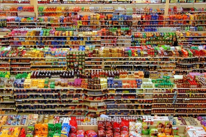 Supermarket aerial shot showing aisle after aisle of pre-packaged foods